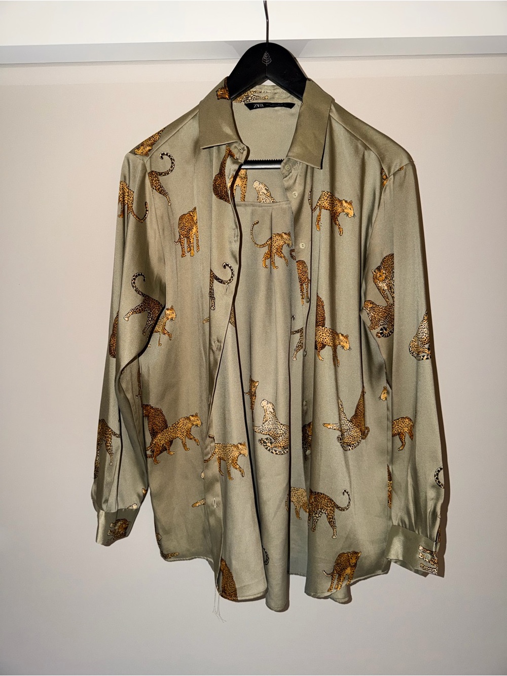 Zara Olive Green Leopard Print Button-Up Blouse